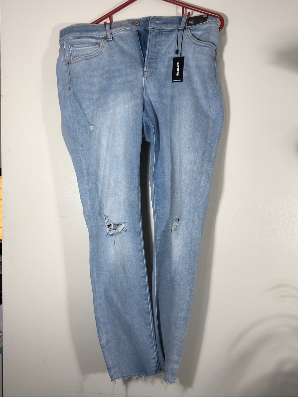 Express Light Blue Skinny Mid Rise Jeans with Knee Distress NWT 12R